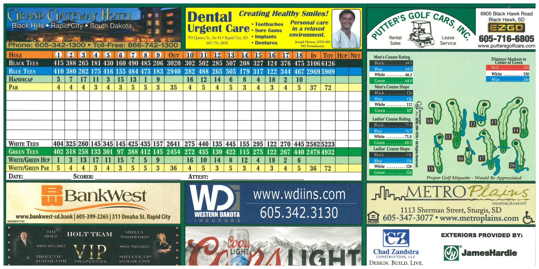 Scorecard Rapid City Elks Golf Course